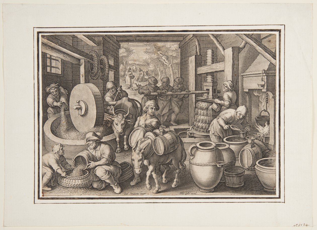 Oleum Olivarum (Produksjonen av olivenolje), plate 12 i Nova Reperta (New Inventions of Modern Times) av Jan van der Straet, called Stradanus