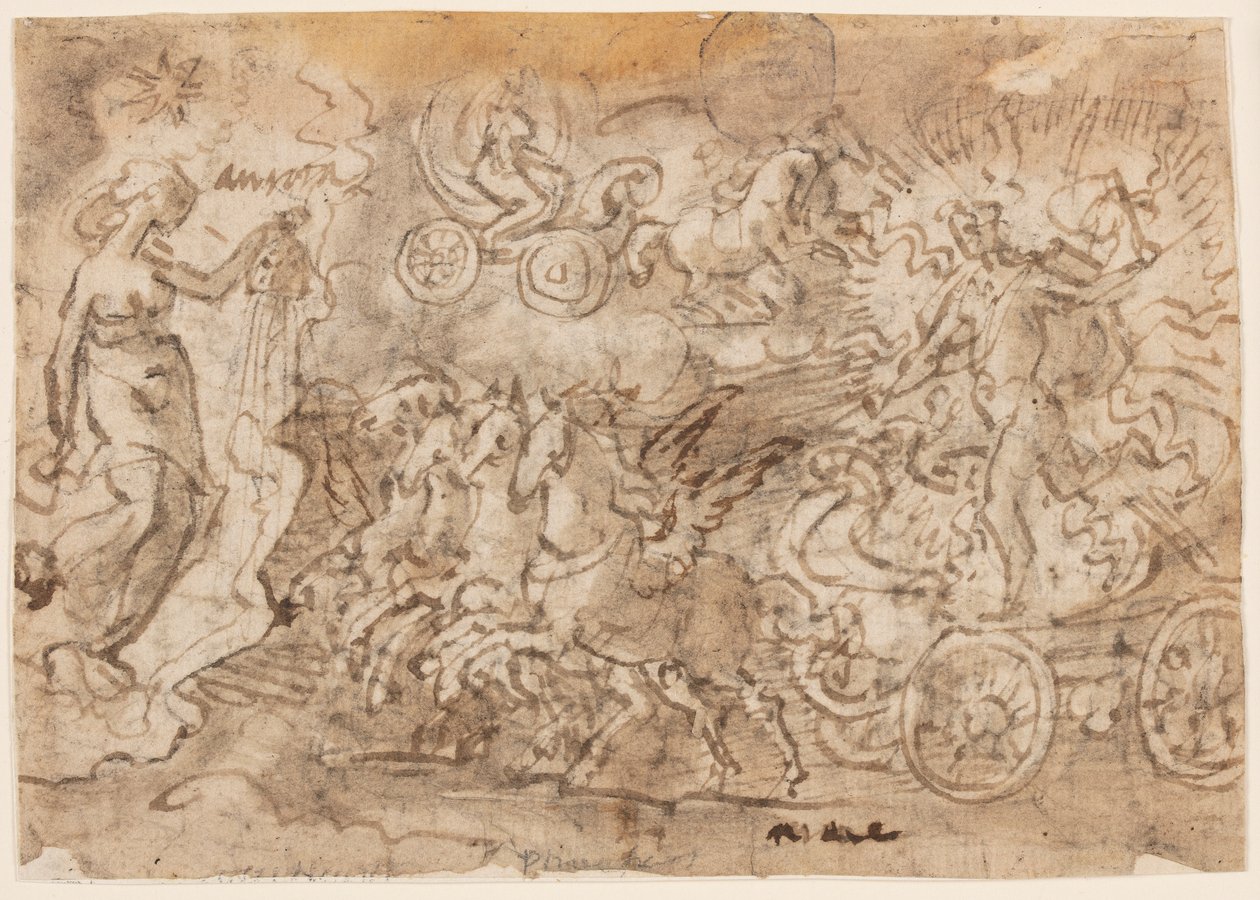 Side av en skissebok; Apollo og Aurora av Jan van der Straet, called Stradanus
