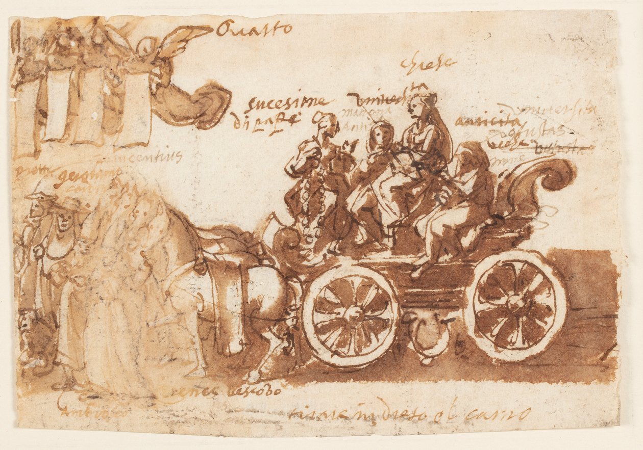 Side av en skissebok; Vogn og tre hester av Jan van der Straet, called Stradanus