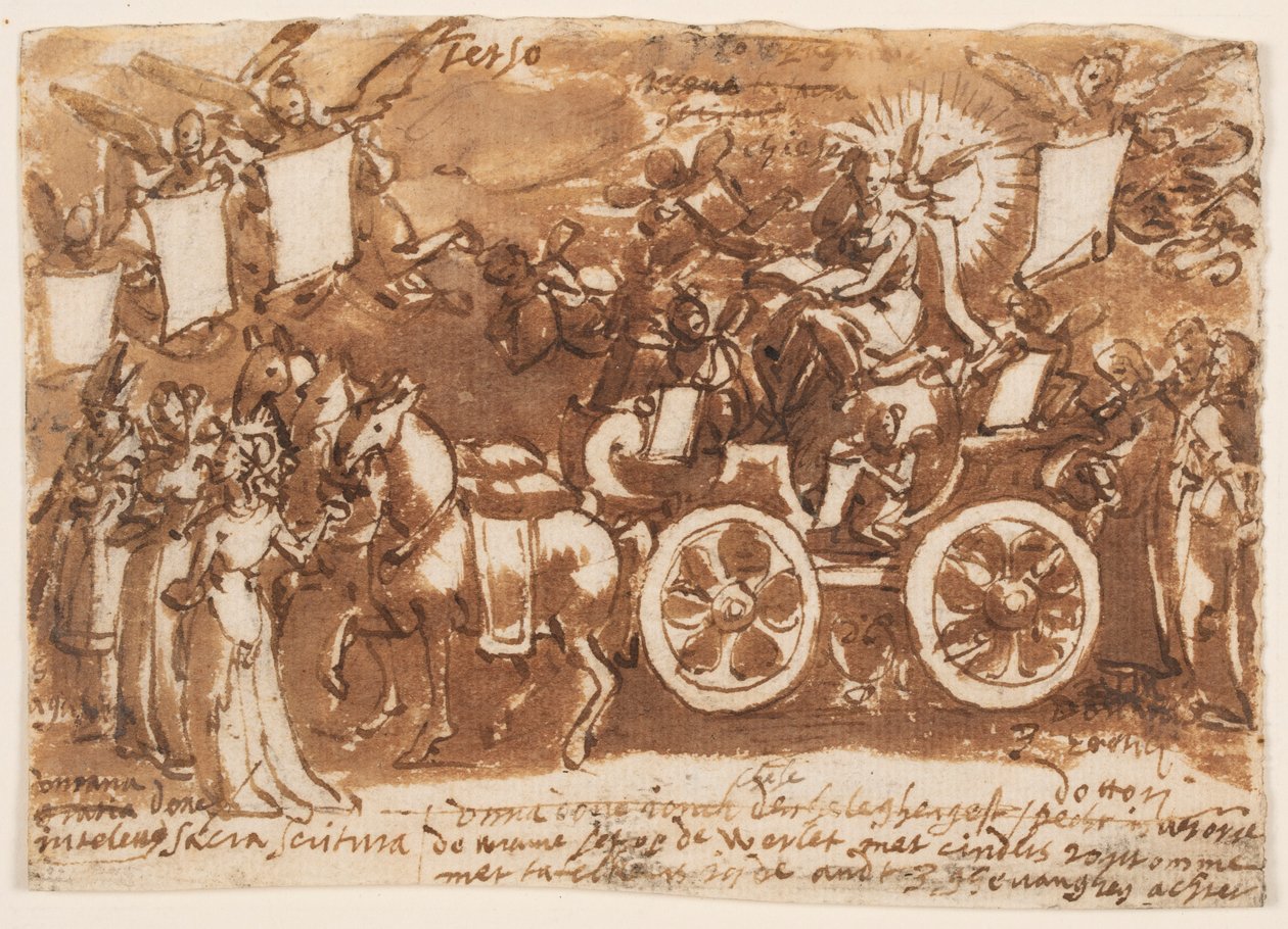 Side i en skissebok; Vogn og tre hester av Jan van der Straet, called Stradanus