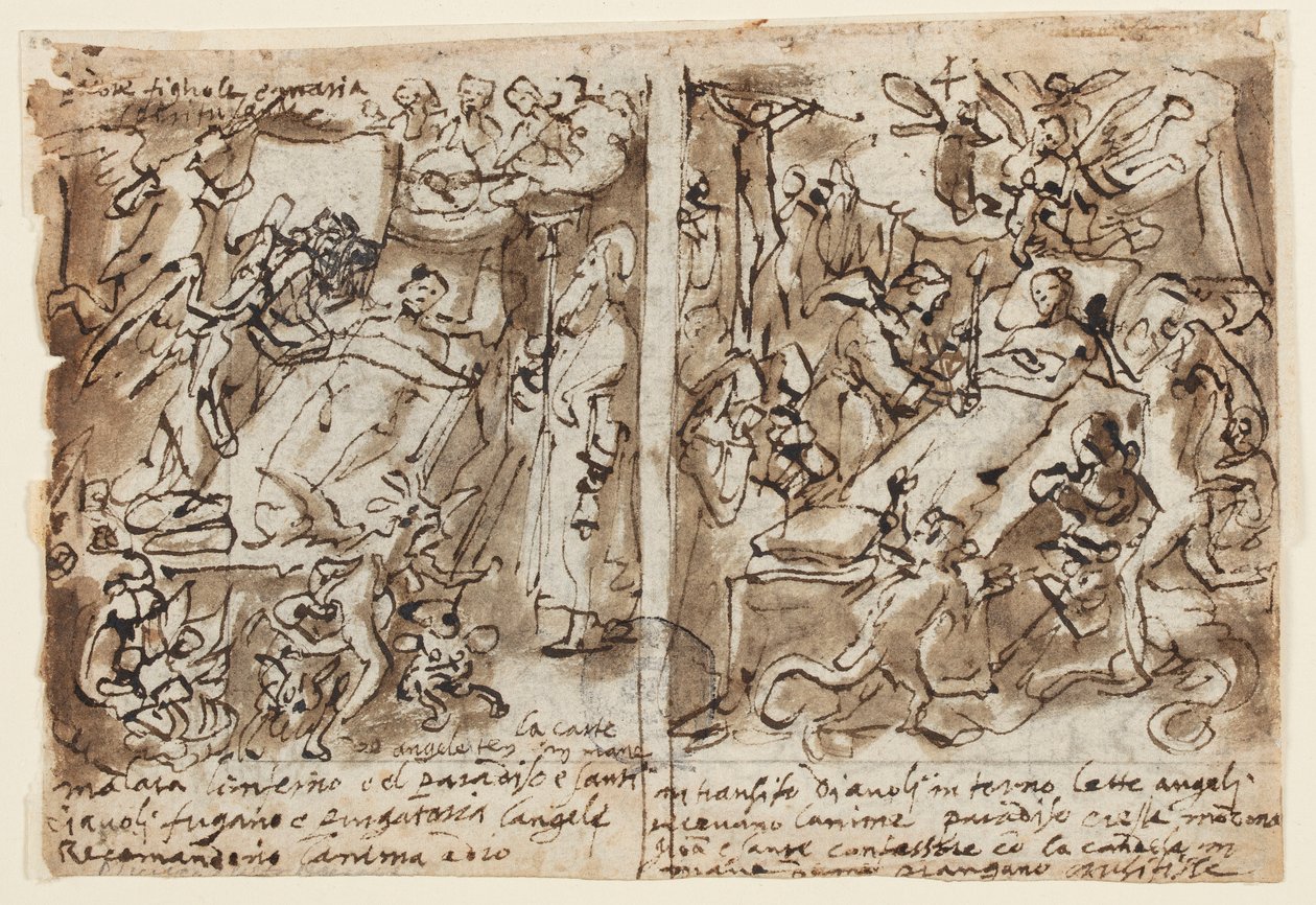 Side av en skissebok; Himmelske krefter hjelper fromme; Skisse for portrett av helgen; Dekorasjon av pediment av Jan van der Straet, called Stradanus