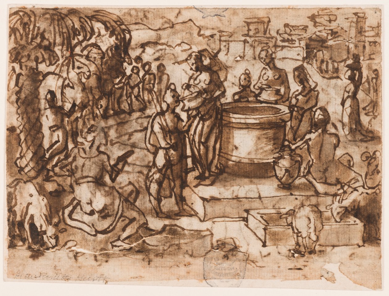 Side av en skissebok; Moses og Jetros døtre av Jan van der Straet, called Stradanus