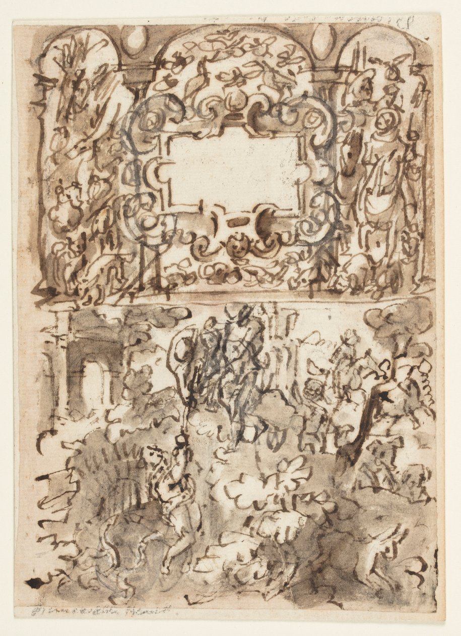 Side av en skissebok; Tittelside for graveringsserie om jakt; Ulykke av en jeger av Jan van der Straet, called Stradanus