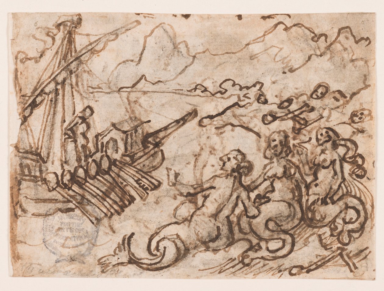 Side i en skissebok: Ulysses passerer sirenene (recto); Ulysses i underverdenen (verso) av Jan van der Straet, called Stradanus