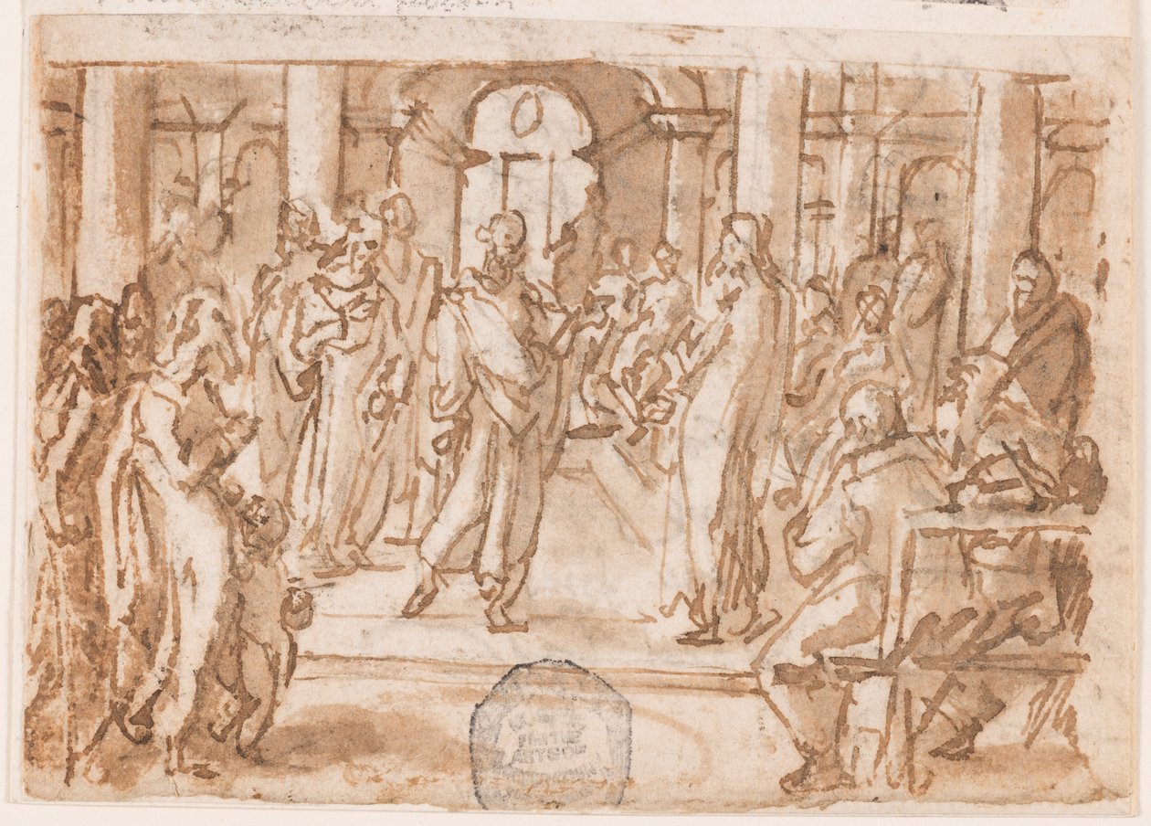 Peter og John Forhørt av Høyrådet, foreløpig design for "Spiritus Scientiae" (Vitenskapens ånd), plate 5 i utskriftsserien "Seven Gifts of the Holy Spirit" av Jan van der Straet, called Stradanus