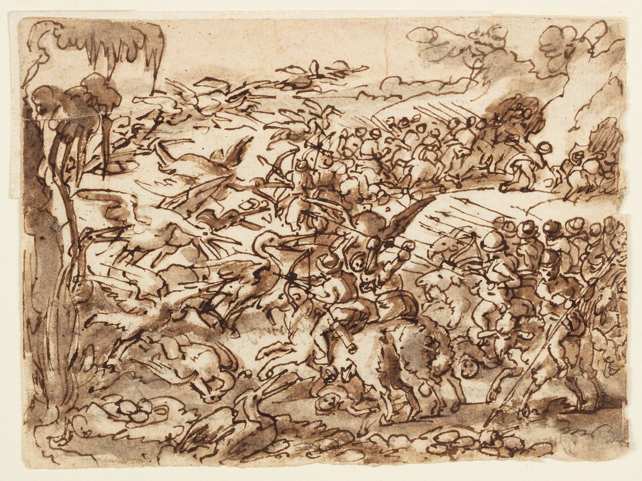 Recto: Kamp mellom pygmeer og traner; Verso: inskripsjon knyttet til Plinius den eldstes naturhistorie, bok 7, kap. 2 av Jan van der Straet, called Stradanus