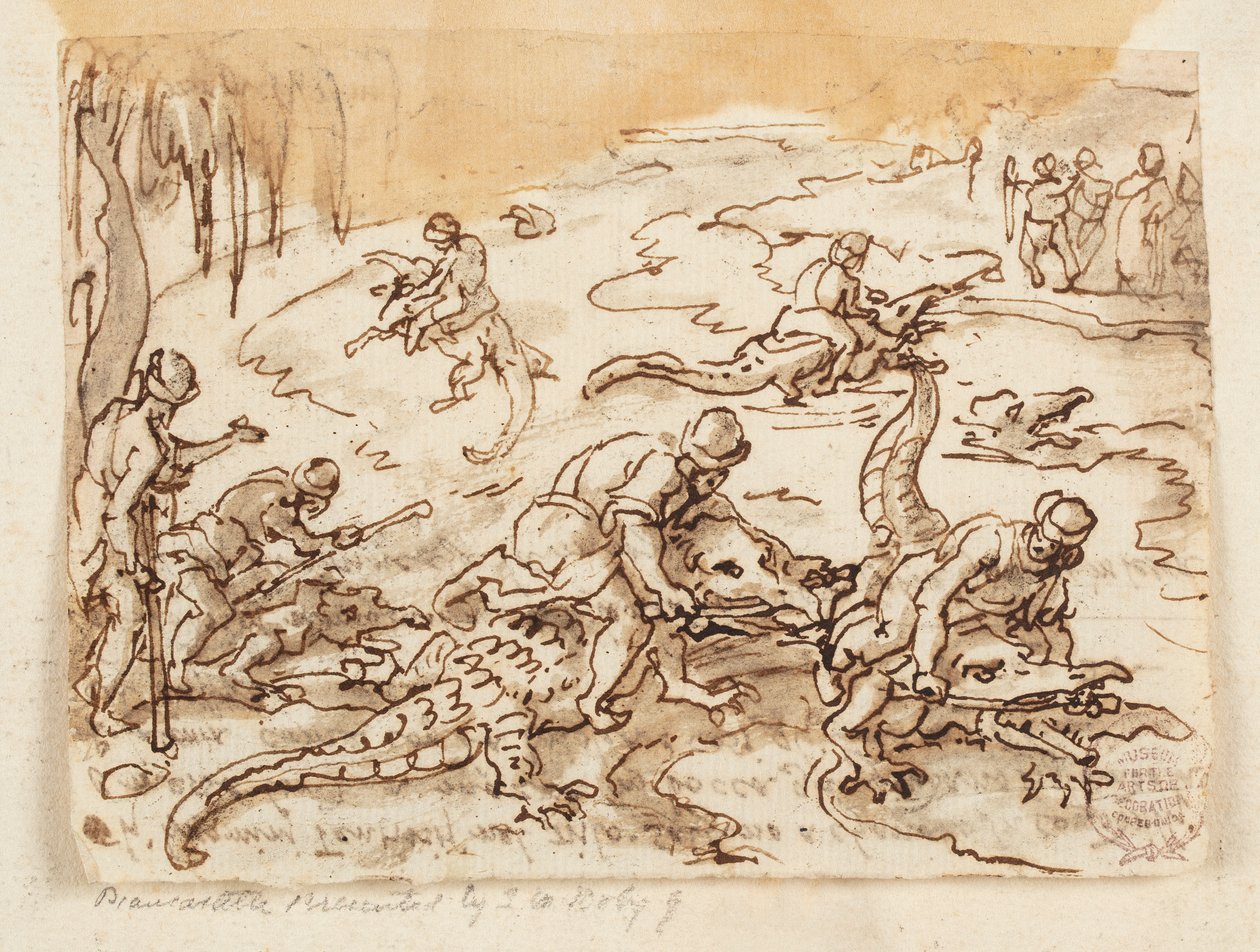 Recto: Krokodillejakt i Tentyra, i Egypt; Verso: inskripsjon knyttet til Plinius den eldstes naturhistorie, bok 7, kap. 38 av Jan van der Straet, called Stradanus