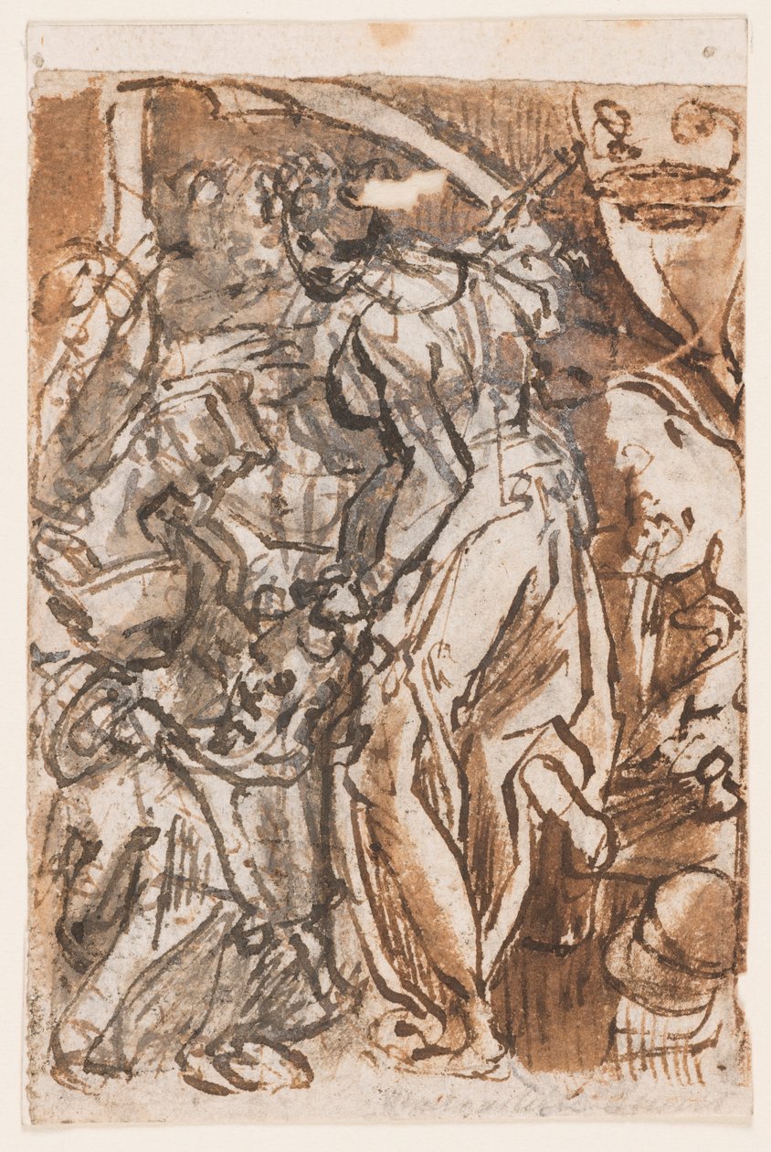 Rekto: Judith med sjef for Holofernes; Verso: Foreløpig design for tittelplate til Seven Planets print-serien av Jan van der Straet, called Stradanus