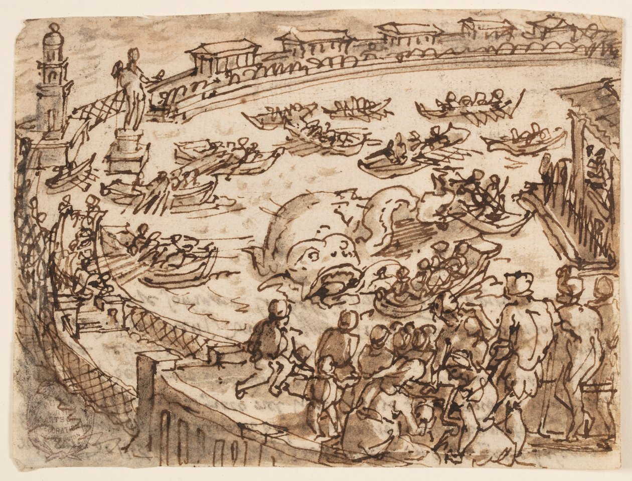 Recto: Hvaljakt av keiser Claudius i havnen i Ostia; Verso: inskripsjon knyttet til Plinius den eldstes naturhistorie, bok 9, kap. 5 av Jan van der Straet, called Stradanus