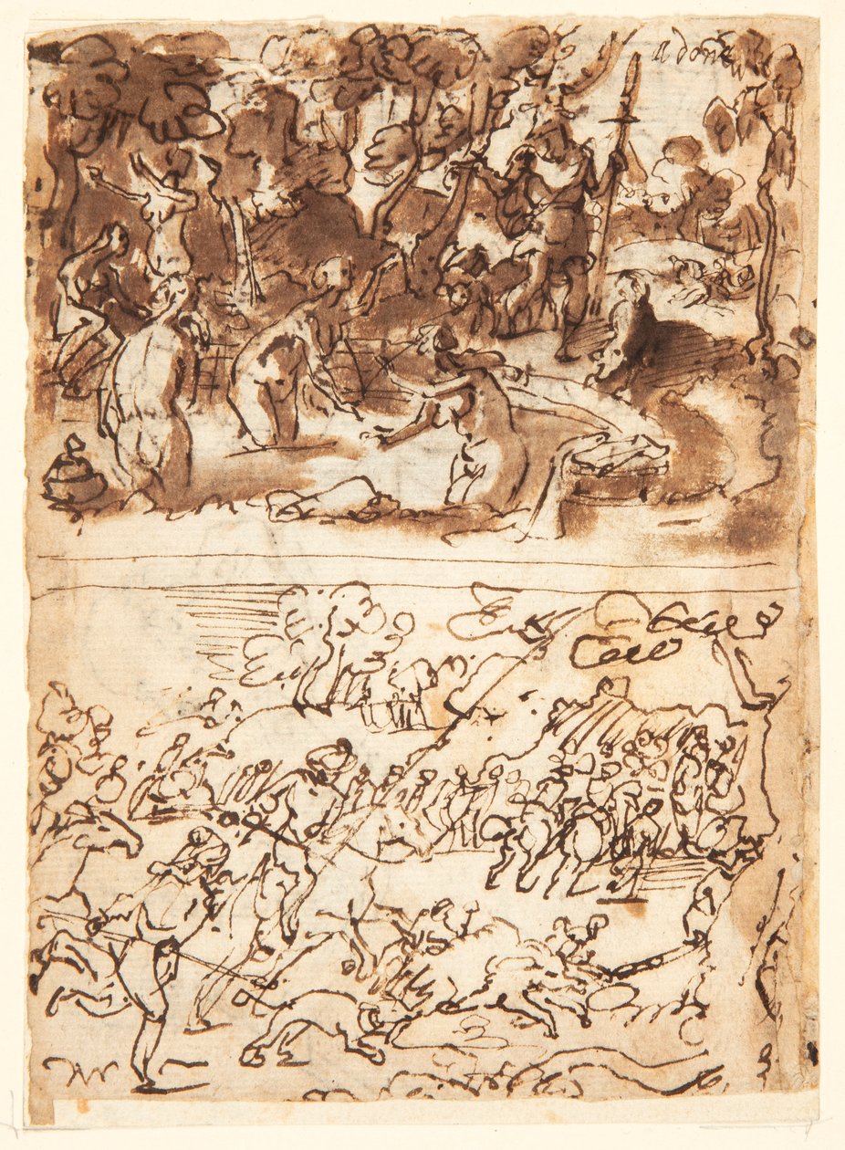 Recto, over: Diana og Actaeon; Recto, under: Villsvinjakt; Verso, over: studier av to mannlige hoder; Verso, under: Møte mellom Anna og Joachim ved Golden Gate, Kristus-barnets omskjæring av Jan van der Straet, called Stradanus