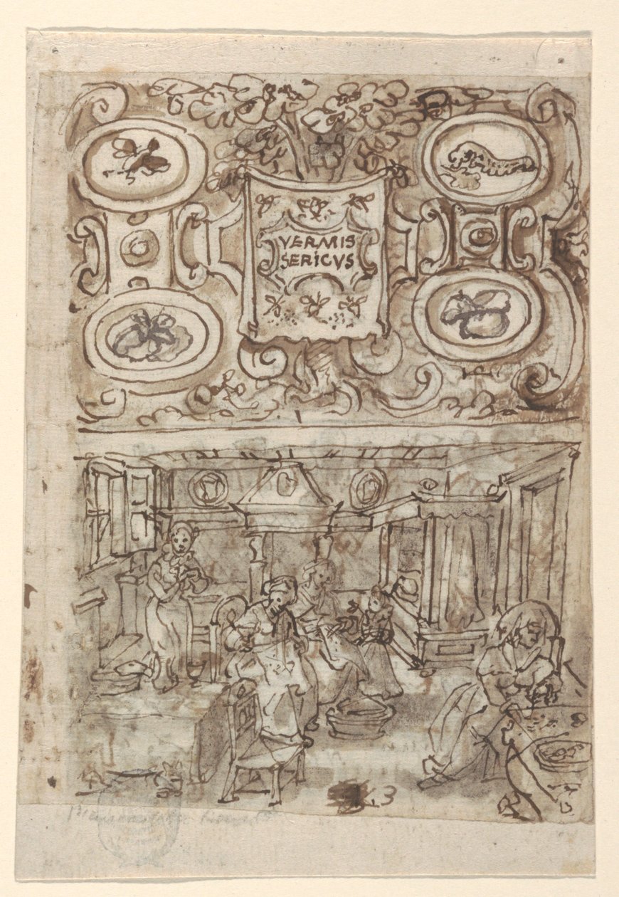 Recto, over: Foreløpig design for tittelside til Vermis Sericus ("The Introduction of the Silkworm") utskriftsserie; Recto, under: Foreløpig design for pl. 3 (Inkubasjonen av silkeormegg); Verso, over: Ufullstendig foreløpig design for tittelside til av Jan van der Straet, called Stradanus