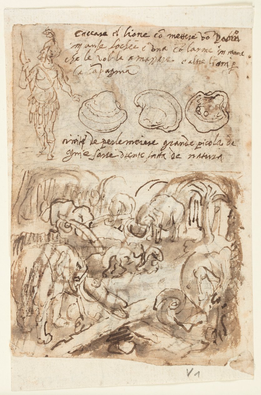Recto, over, stående indisk figur, østersskjell. Recto, under: Elephants Helping each Other Out of a Trap, fra Plinius