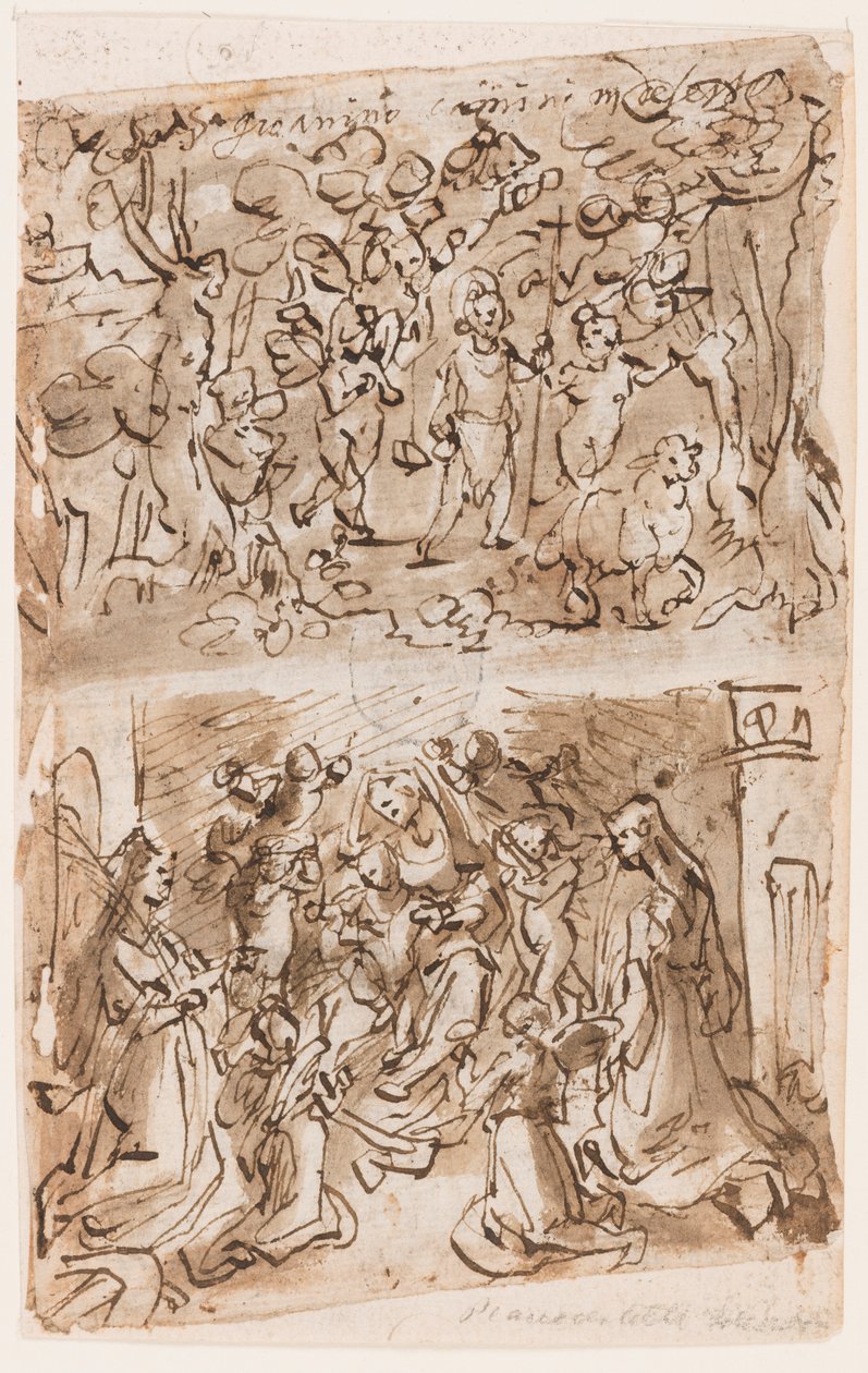 Recto, over: Ung St. Johannes døperen guidet av engler i ørkenen; Recto, under: Sacra Conversazione med Sts. Barbara og Catherine; Verso, over: Cruxifiction; Verso, under: Kristus helbreder lammede nær dammen i Bethesda av Jan van der Straet, called Stradanus