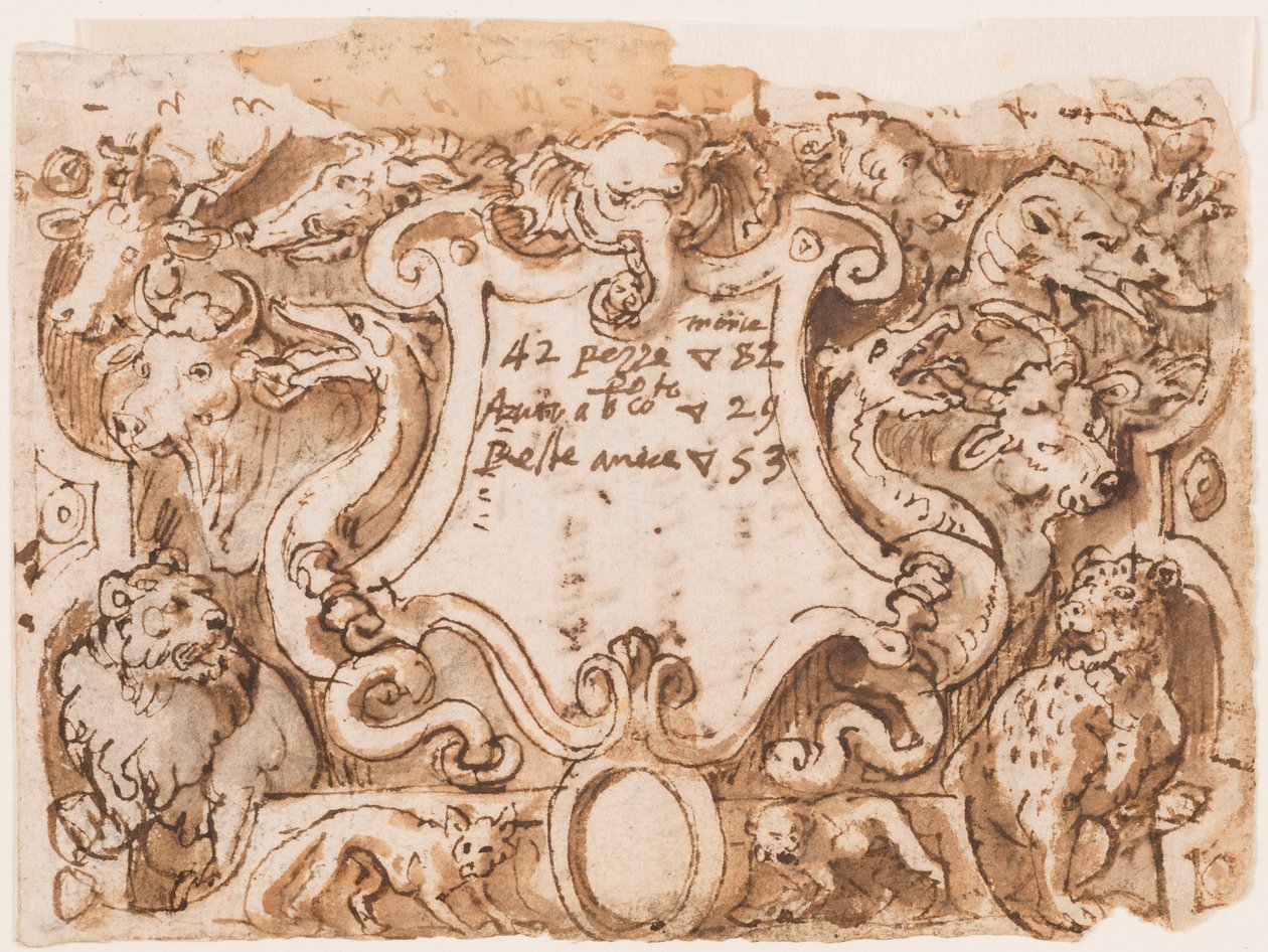 Høyre: foreløpig utforming av tittelside for utskriftsserien Hunting of Wild Bears and Fish; Verso: notater fra Stradanus om betalinger til en skredder av Jan van der Straet, called Stradanus