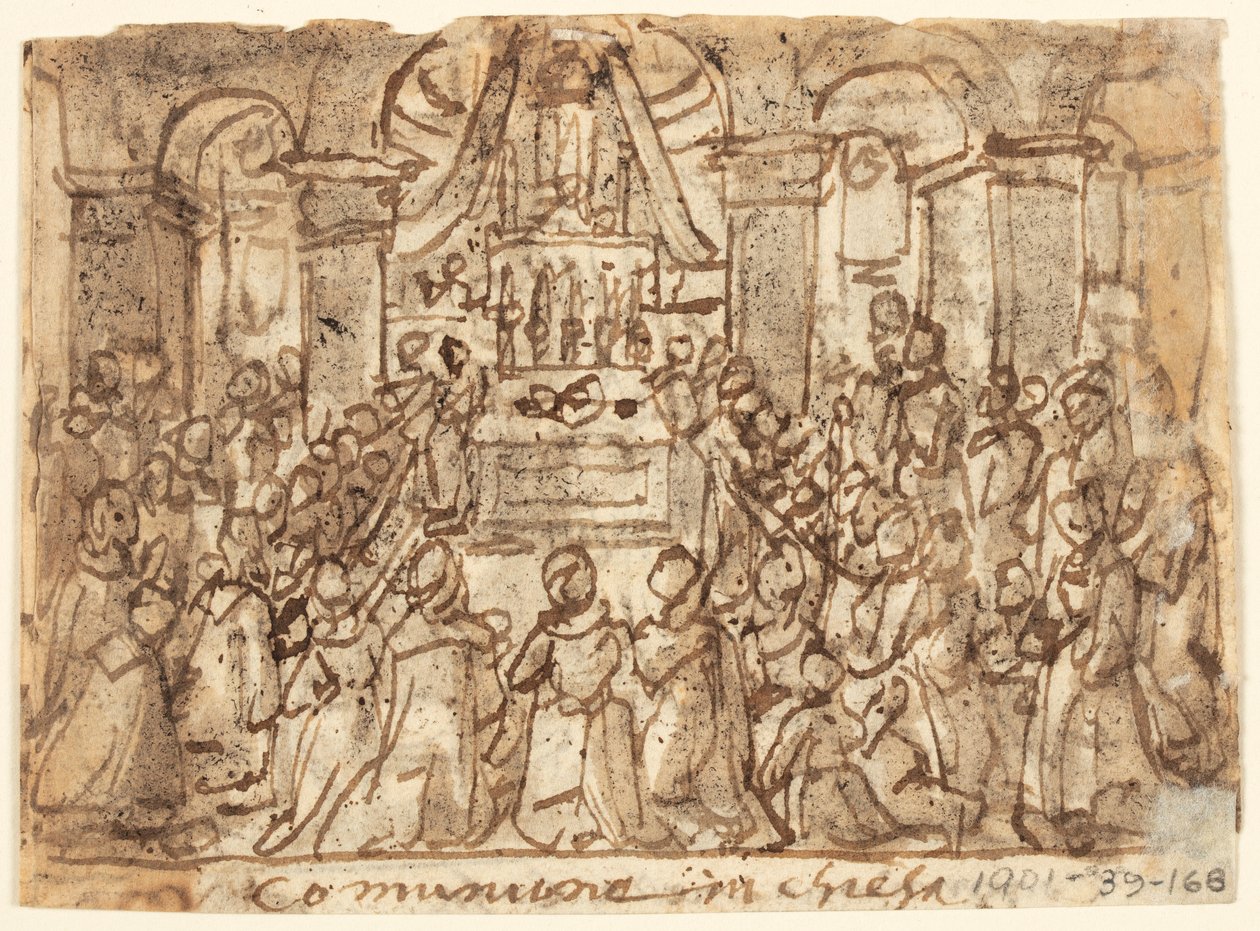 Skissebokside med nattverd i kirke og hjemme av Jan van der Straet, called Stradanus
