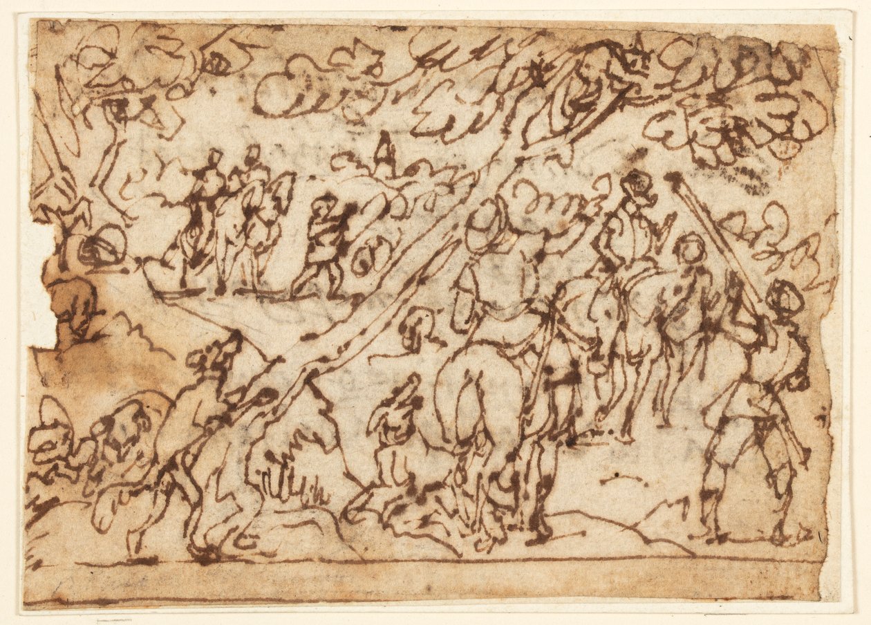 Skissebokside; Jaktscene av Jan van der Straet, called Stradanus