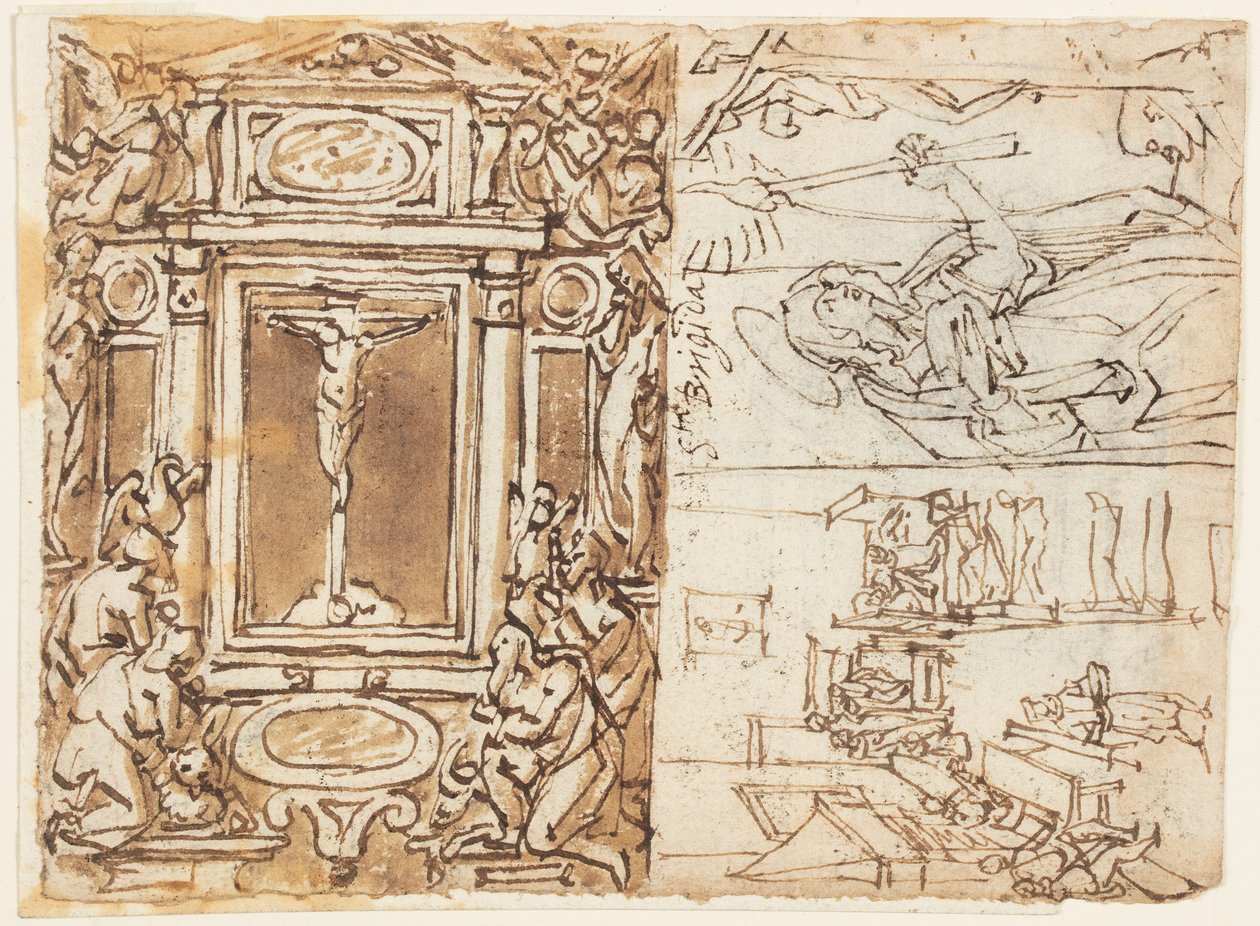 Skissebokside; Monument til Marcus Aurelius Antonius med sønn; Studie for en gravering av Jan van der Straet, called Stradanus