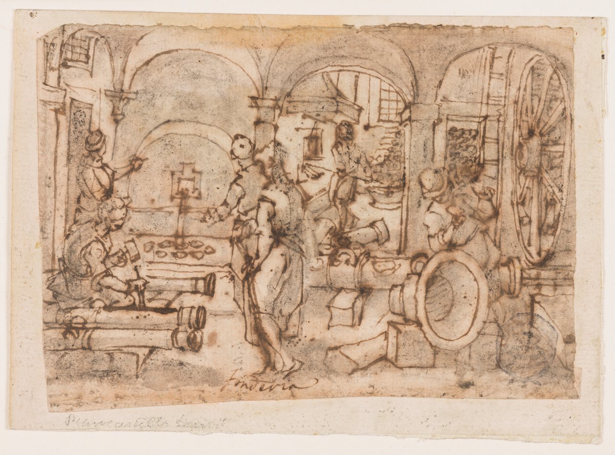 The Invention of Gunpowder, design for "Pulvis Pyrius," pl. 3 i utskriftsserien Nova Reperta (New Inventions of Modern Times). av Jan van der Straet, called Stradanus