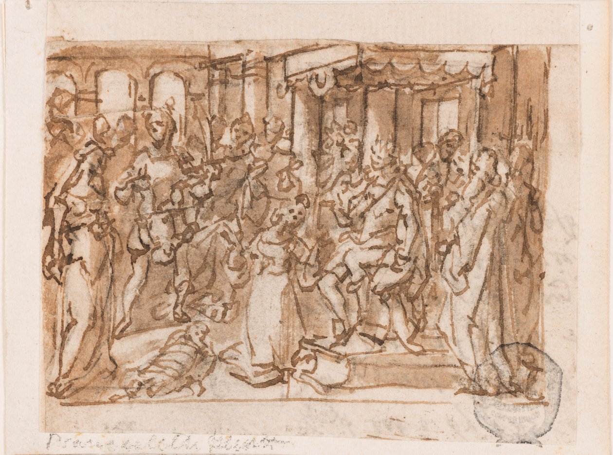 The Judgment of Solomon, foreløpig design for "Spiritus Sapientiae" (Visdommens ånd), plate 1 i trykkserien "Seven Gifts of the Holy Spirit" av Jan van der Straet, called Stradanus