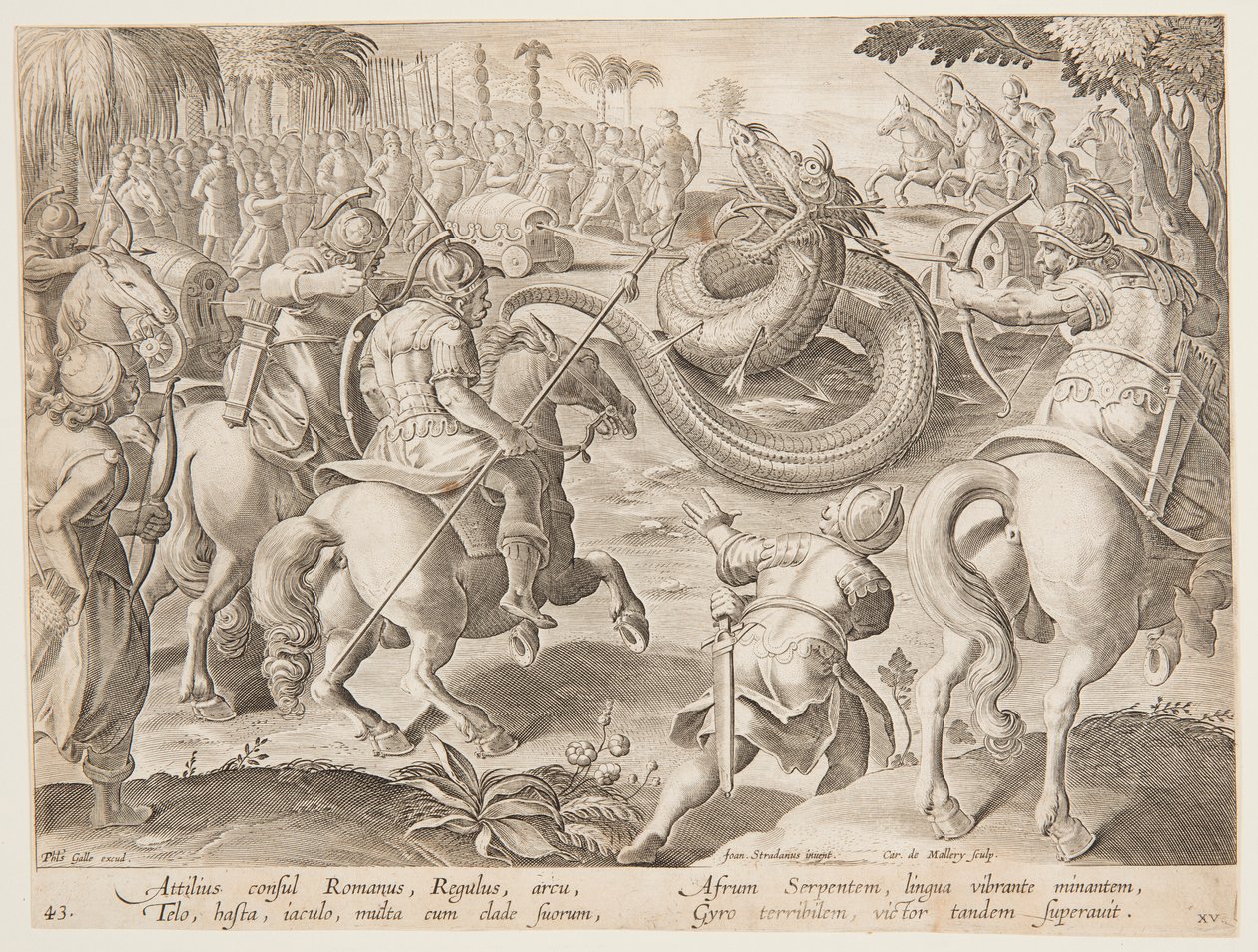 Den romerske konsulen Attilius Regulus kjemper mot en gigantisk afrikansk slange, plate 25 i Wild Hunts-serien av Jan van der Straet, called Stradanus