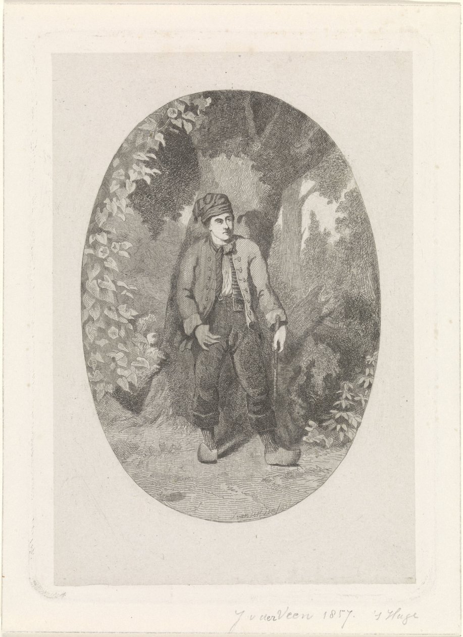 Mann ved et tre i en skog av Jan van der Veen (prentmaker)