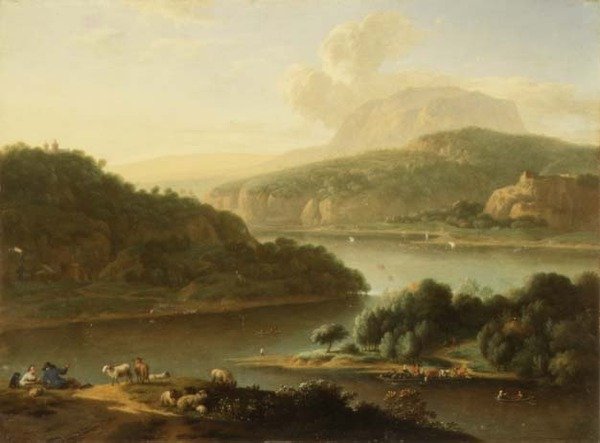 Et elvelandskap med gjeter og bondekvinne i forgrunnen av Jan van der the Younger Meer