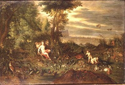 En allegori om vann: en sjønymfe ved en sivstrand med fisk, skjell og fugler i nærheten, triumfen til Amphitrite bortenfor av Jan van the Elder Kessel