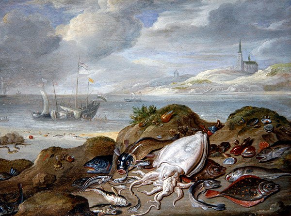 Et elvemunningslandskap med fisk på en sanddyne (olje på kobber) av Jan van the Elder Kessel