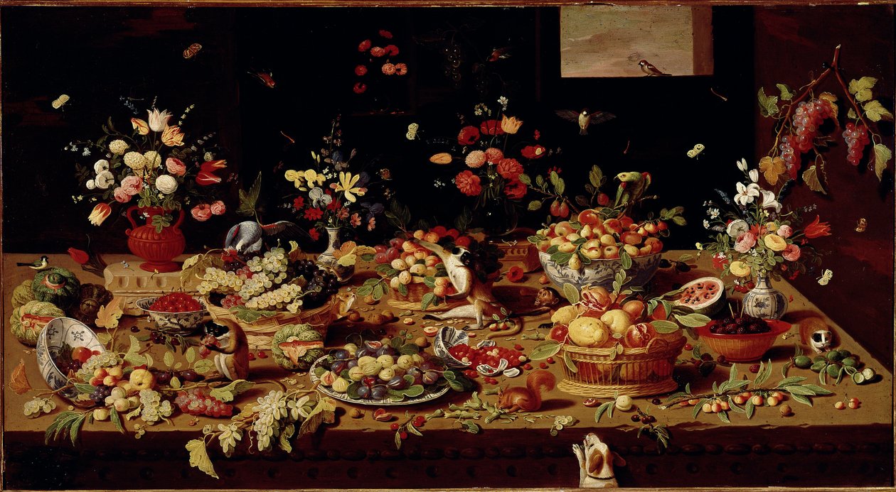 Stilleben med frukt og blomster Bord med retter med fiken, plommer, granatepler, druer, fersken. Kobbermaleri av Jan Van Kessel (1626-1679) Galleria Doria Pamphilj, Roma - Stilleben av blomster, frukt og dyr, av Jan Van Kessel (1626-79). av Jan van the Elder Kessel