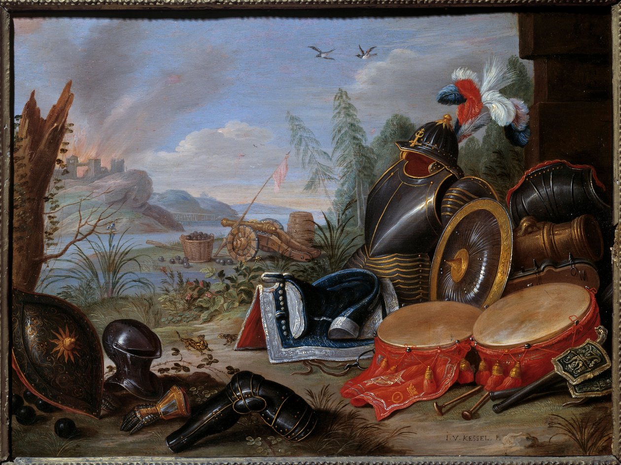 Trofee av våpen. Maleri av Jan I Kessel Den gamle (1626-1679) Ec. Flam. av Jan van the Elder Kessel