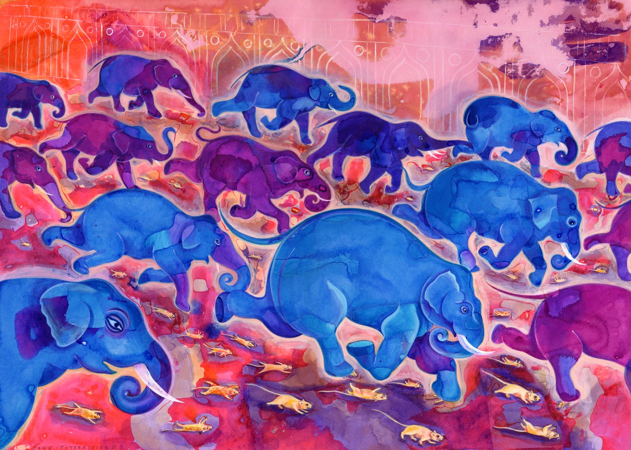Elephants, 1998, (blekk og gouache) av Jane Tattersfield