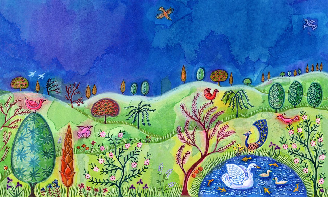 Landskap med svane, 2002, (blekk og gouache) av Jane Tattersfield