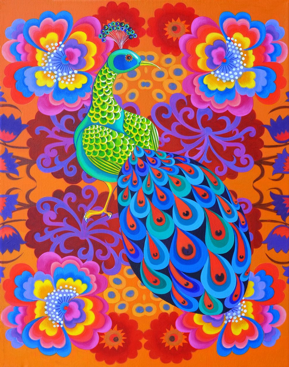 Påfugl med blomster, 2015, av Jane Tattersfield