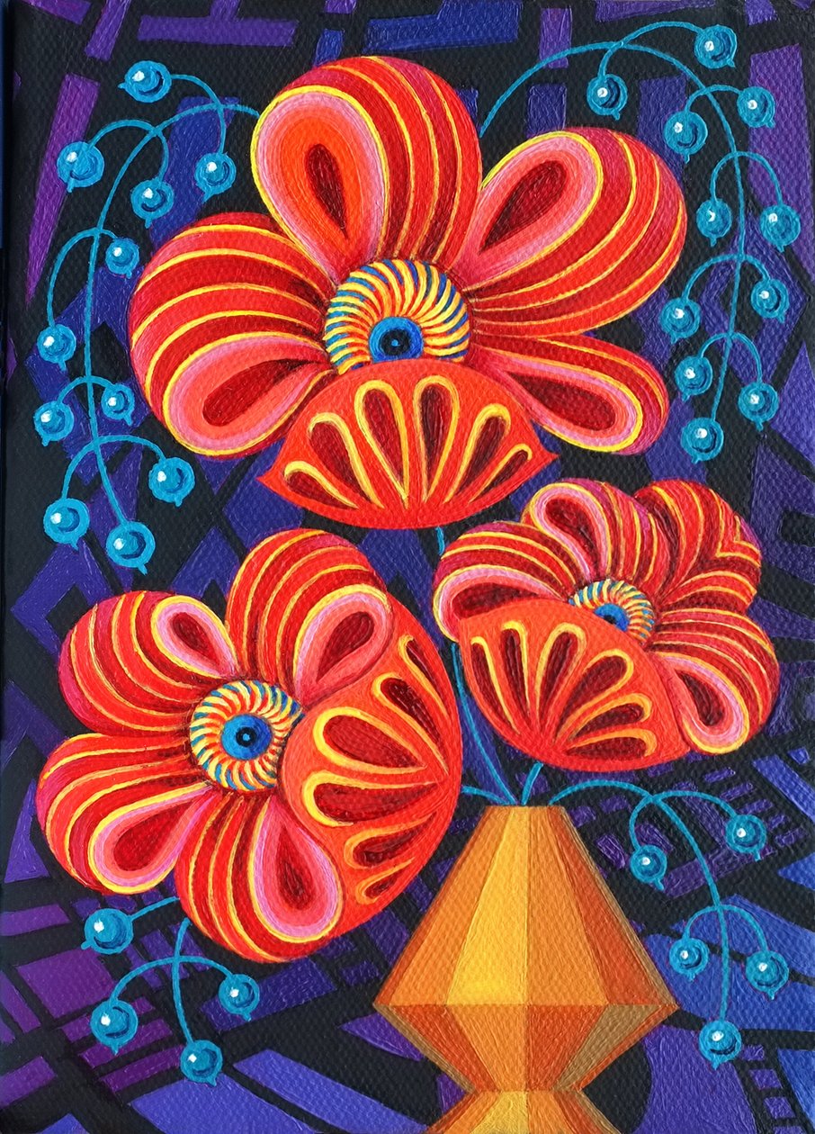 Røde blomster med bær, 2016, av Jane Tattersfield