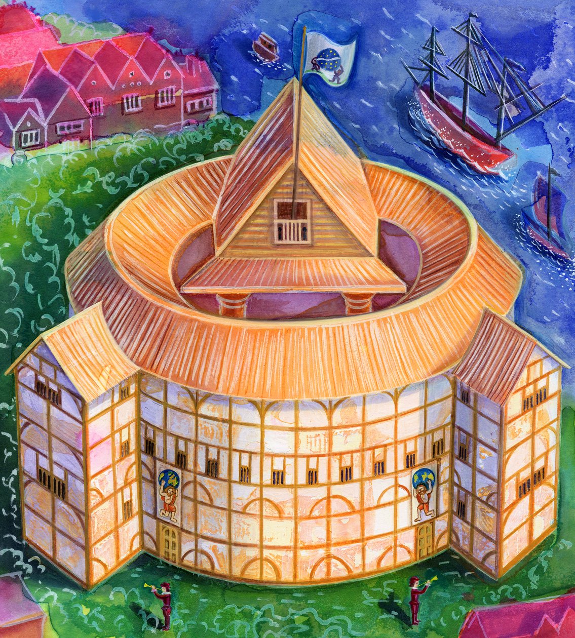 Shakespeares Globe Theatre, 2006, (blekk og gouache) av Jane Tattersfield