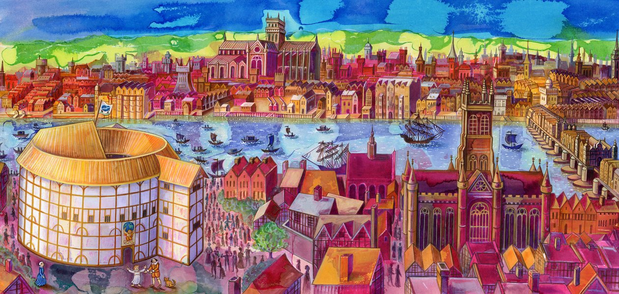 Shakespeares Globe Theatre på Southbank, 2006, (blekk og gouache) av Jane Tattersfield