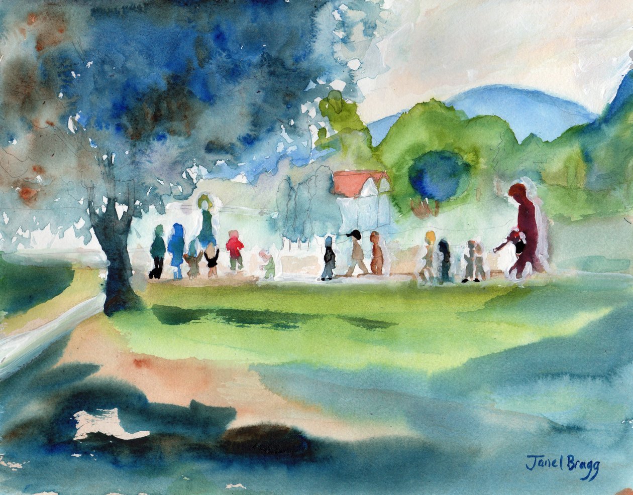 Montessoriskolen krysser gaten, ca. 2015 (vannmedier på papir) av Janel Bragg