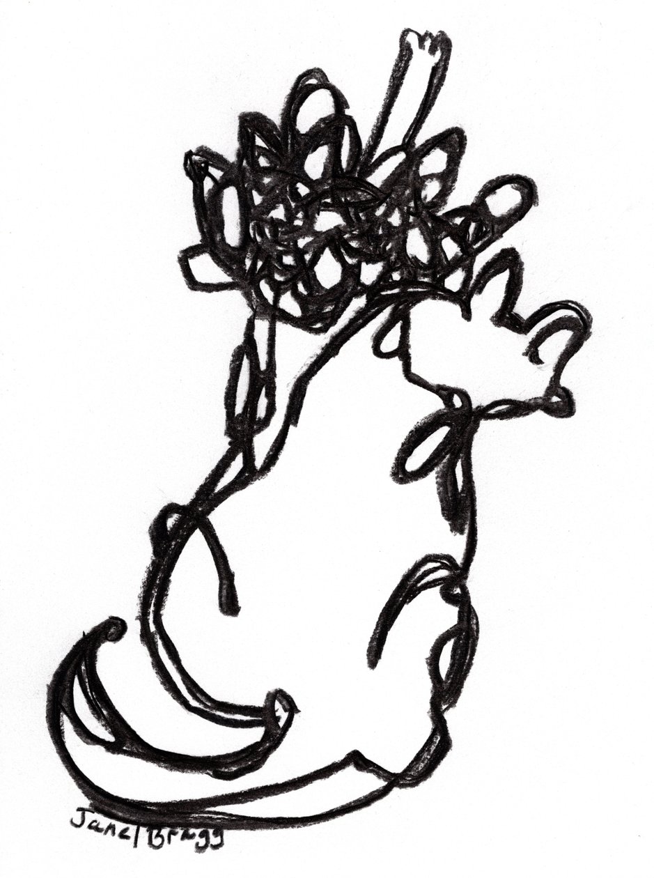 Rosetta-katt i bevegelse, ca. 2025 (kull på papir) av Janel Bragg