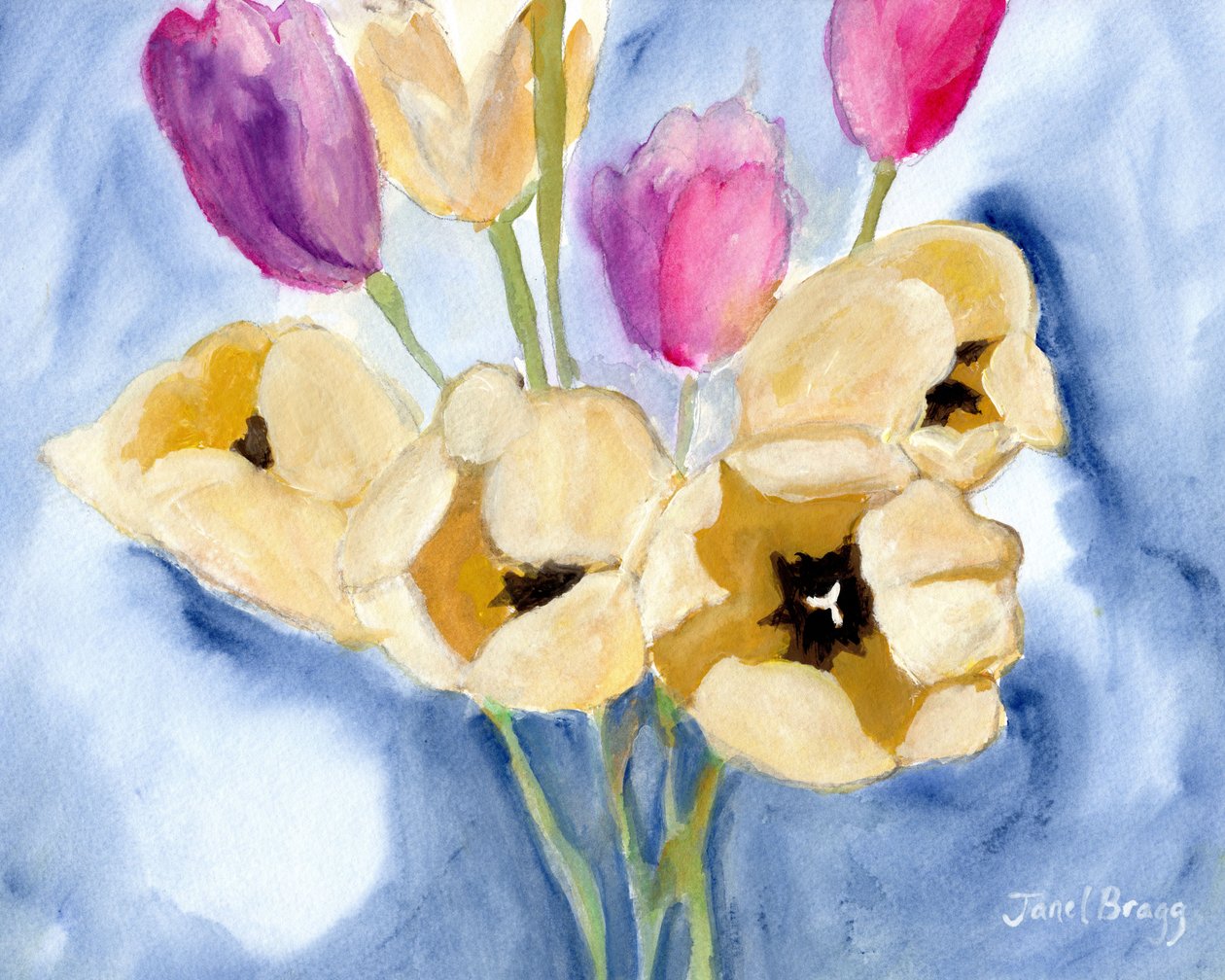 Tulipaner på mammas spisebord, ca. 2016 (kasein og akvarell på papir) av Janel Bragg