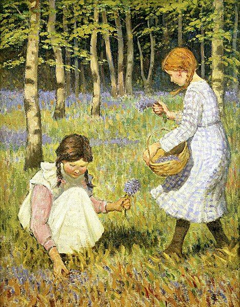 Å plukke blåklokker (olje på lerret) av Janet Fisher