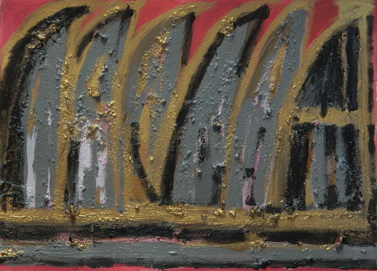 Burning House, 2013 (gouache, treaske og bladgull på papir) av Janet McKenzie