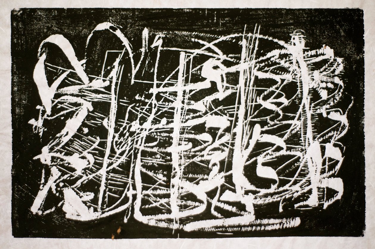 Tidens musikk, 2014 (motorsag tresnitt på rispapir) av Janet McKenzie