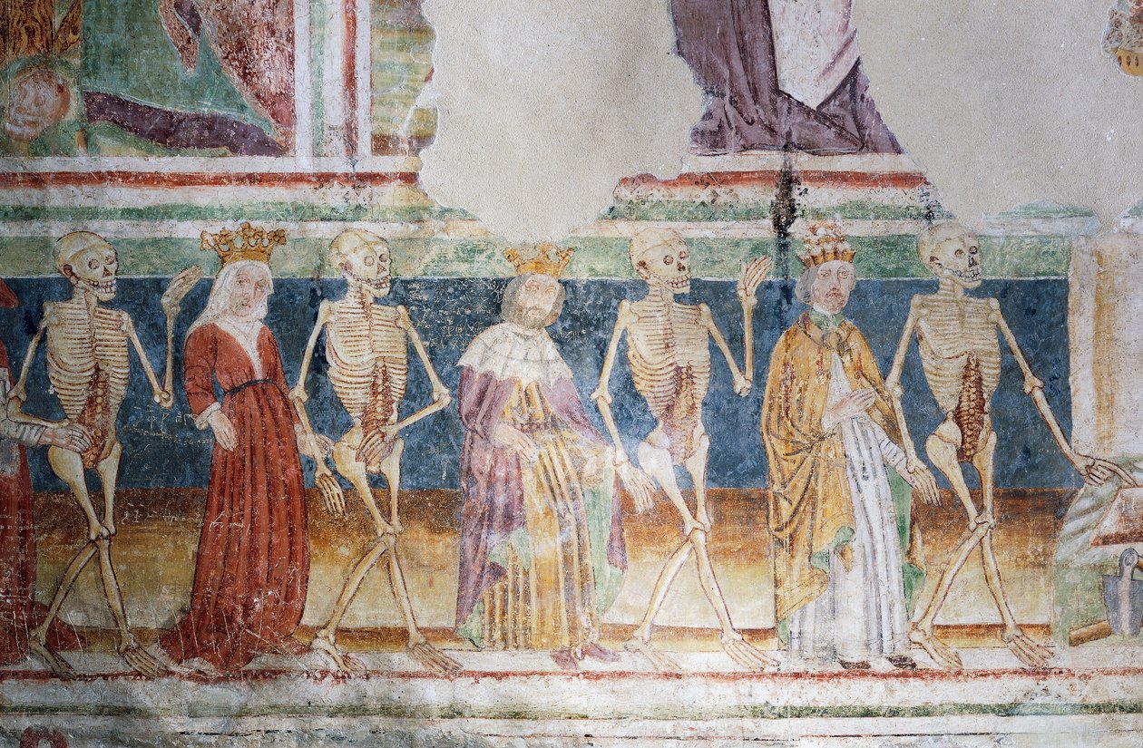 Hrastovlje befestede kirke, Treenighetskirken, Døden som ledsager pave og dronning, Dance of Death (1490), detalj fra fresker av Janez Iz Kastva, Slovenia av Janez Kastav