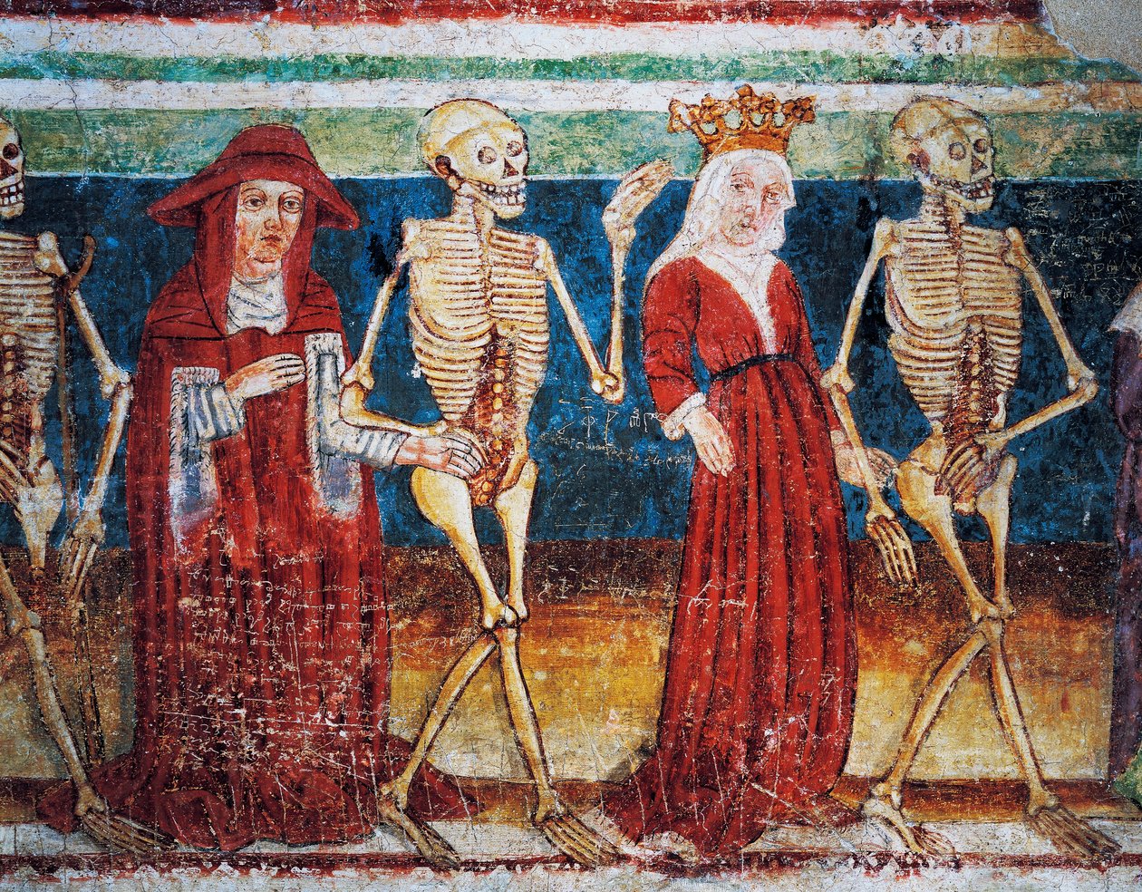 Hrastovlje befestede kirke, Treenighetskirken, Døden som ledsager dronning og kardinal, Dance of Death (1490), detalj fra fresker av Janez Iz Kastva, Slovenia av Janez Kastav
