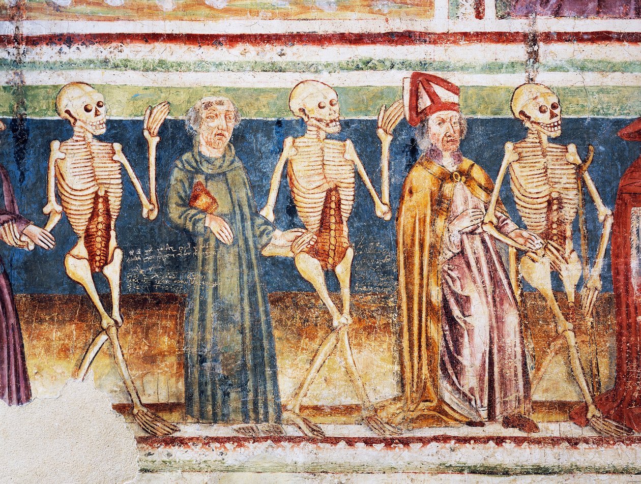 Hrastovlje befestede kirke, Treenighetskirken, Døden som ledsager biskop og munk, Dødsdansen (1490), detalj fra fresker av Janez Iz Kastva, Slovenia av Janez Kastav