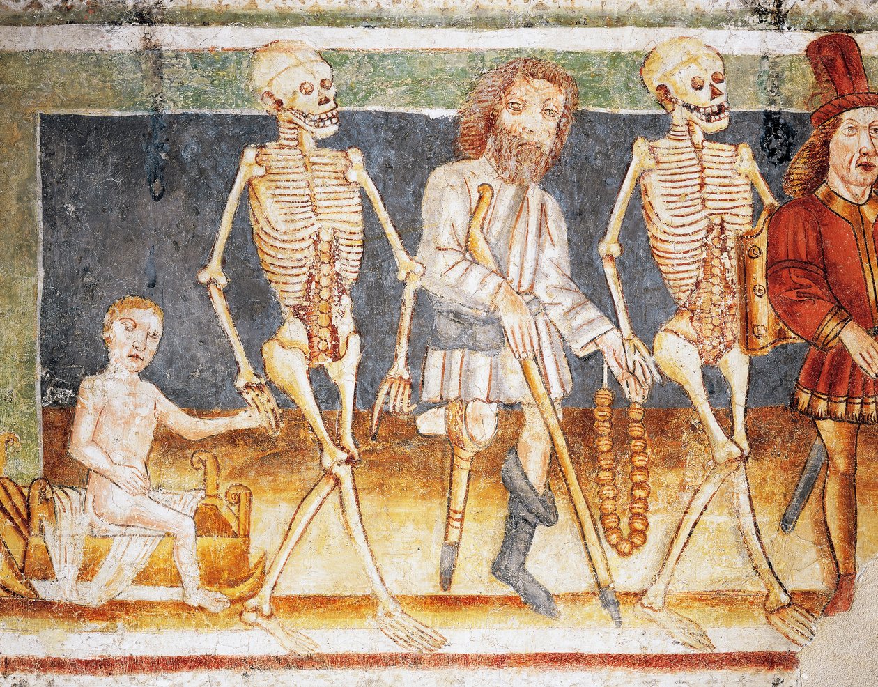 Hrastovlje befestede kirke, Treenighetskirken, Døden som ledsager barn og fattige, Dødsdansen (1490), detalj fra fresker av Janez Iz Kastva (1490), Slovenia av Janez Kastav