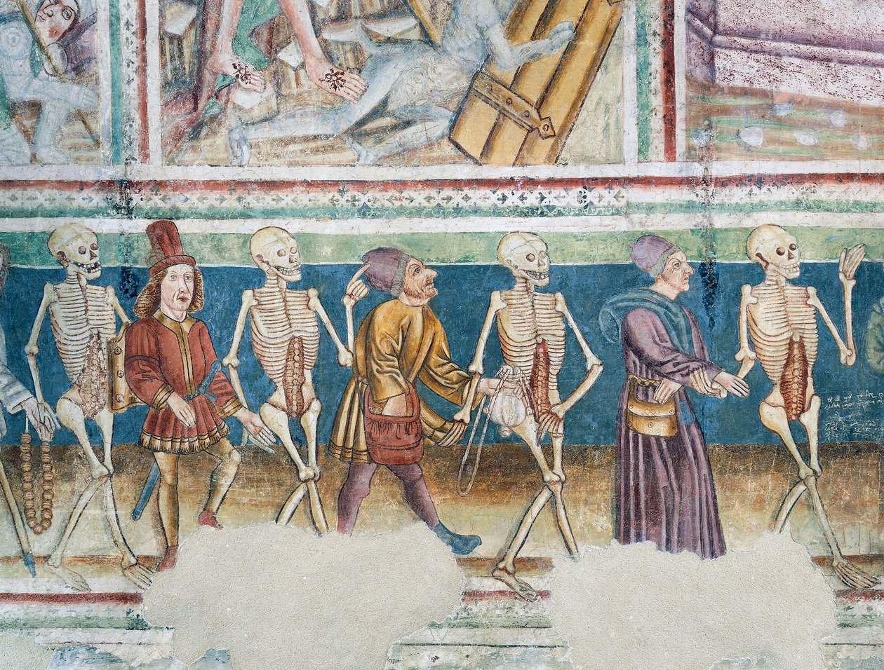 Hrastovlje befestede kirke, Treenighetskirken, Døden som ledsager kjøpmann og velstående bankmann, Dance of Death (1490), detalj fra fresker av Janez Iz Kastva, Slovenia av Janez Kastav