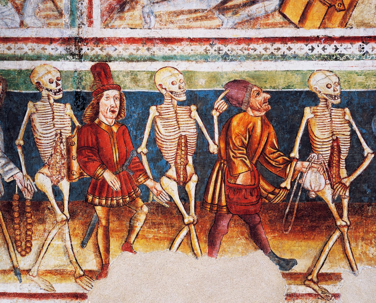 Hrastovlje befestede kirke, Treenighetskirken, Døden som ledsager kjøpmann og velstående bankmann, Dance of Death (1490), detalj fra fresker av Janez Iz Kastva, Slovenia av Janez Kastav