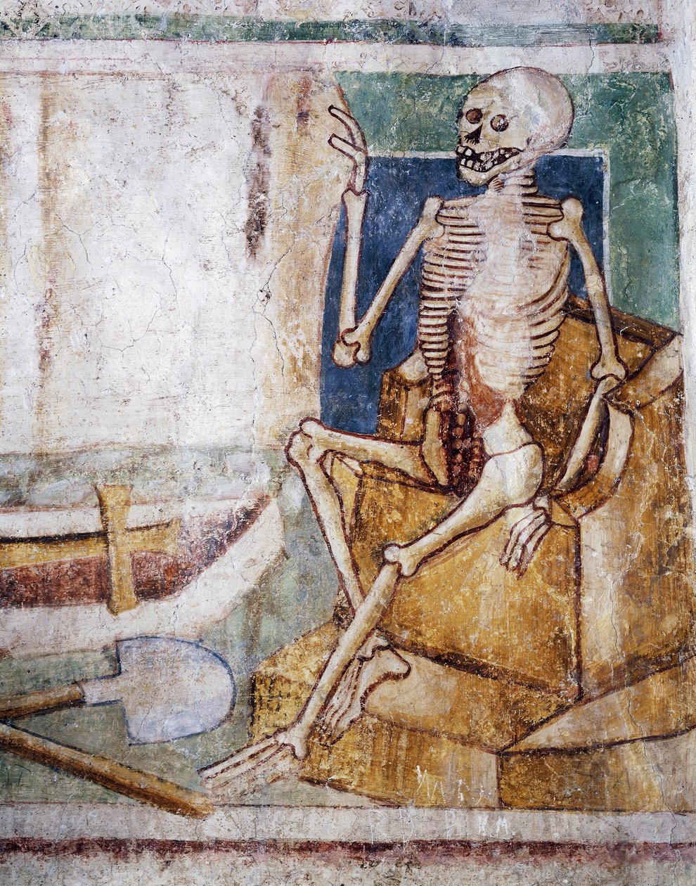 Hrastovlje befestede kirke, Treenighetskirken, Dødens åpningsplate av graven, Dødsdansen (1490), detalj fra fresker av Janez Iz Kastva, Slovenia av Janez Kastav