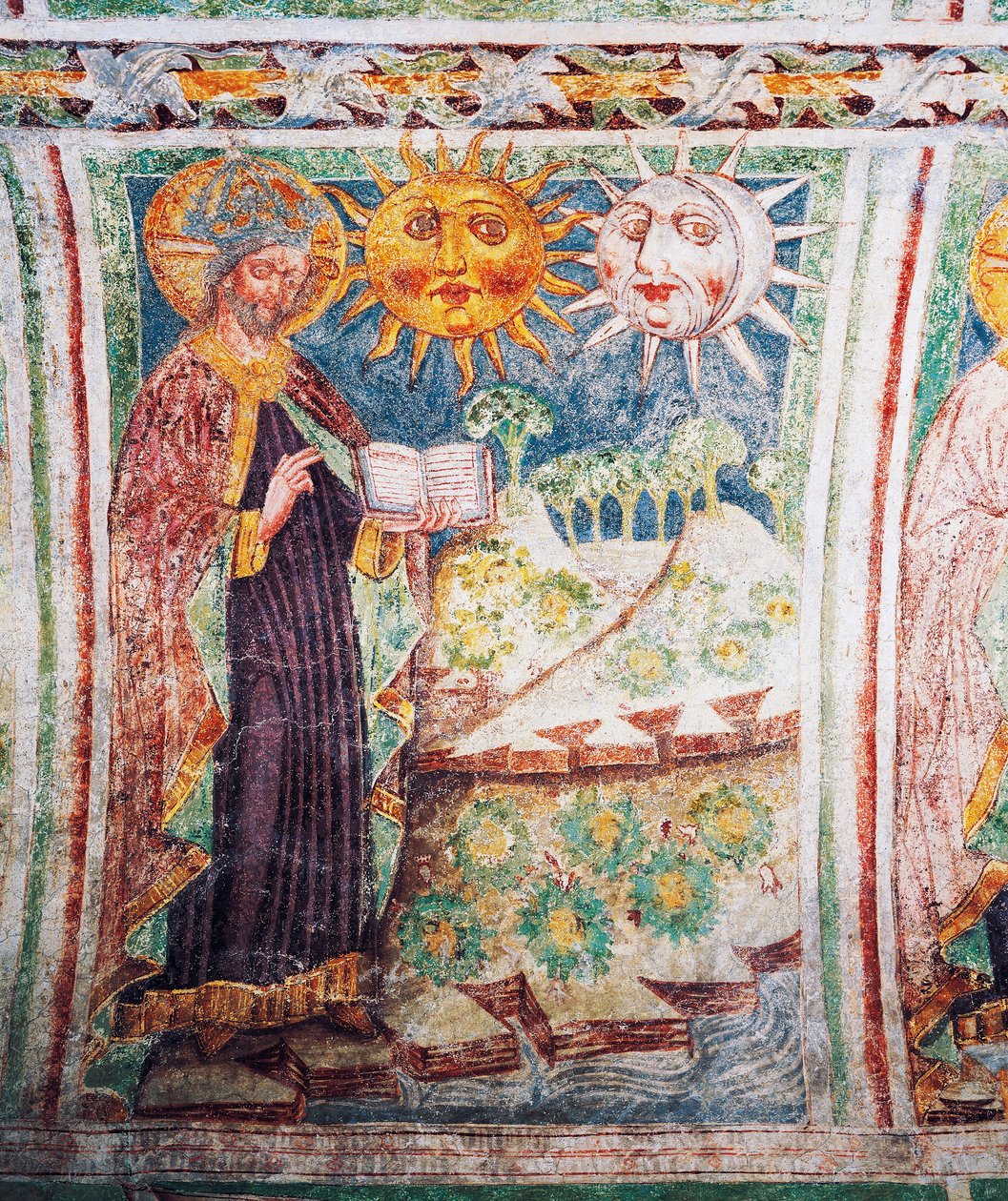 Hrastovlje befestede kirke, Treenighetskirken, Genesis, Gud skaper sol, måne og stjerner (1490), detaljer fra fresker av Janez Iz Kastva, Slovenia av Janez Kastav